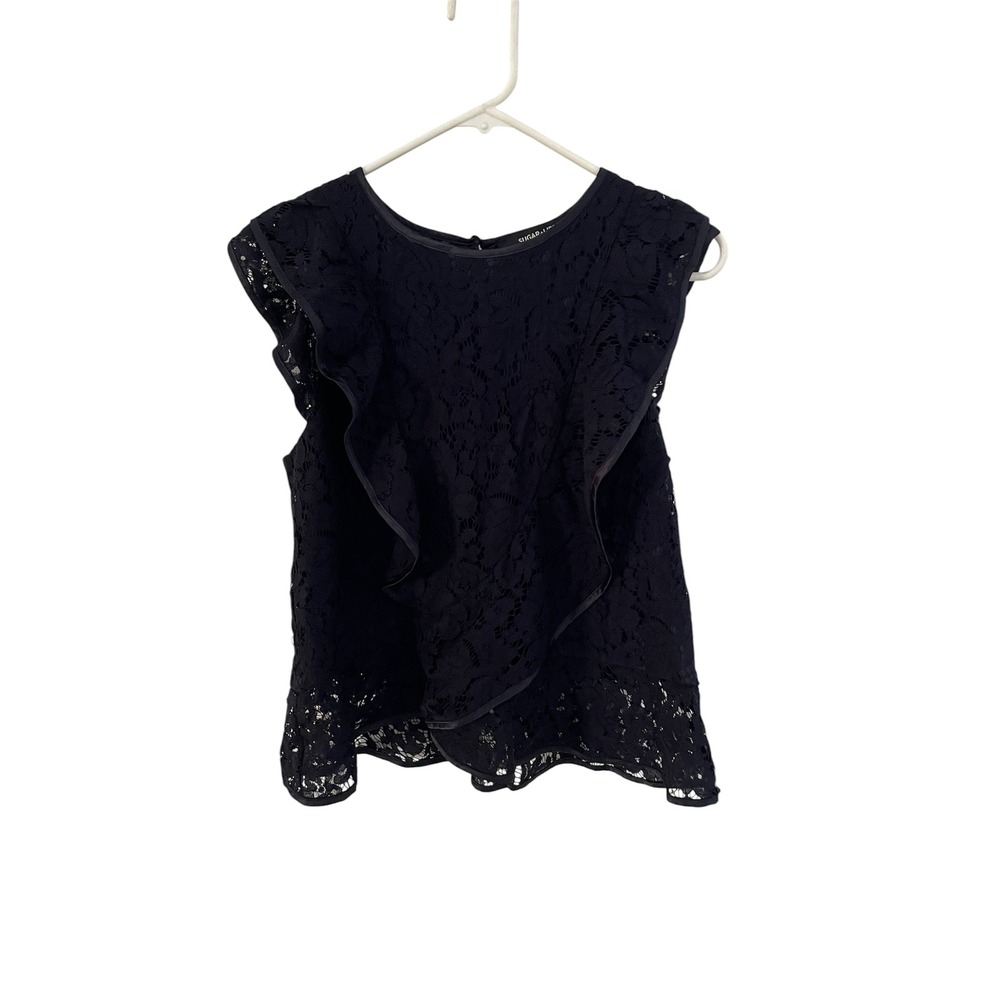 Sugar Lips Black Floral Lace Ruffle Sleeveless Blouse Keyhole Back Top Medium